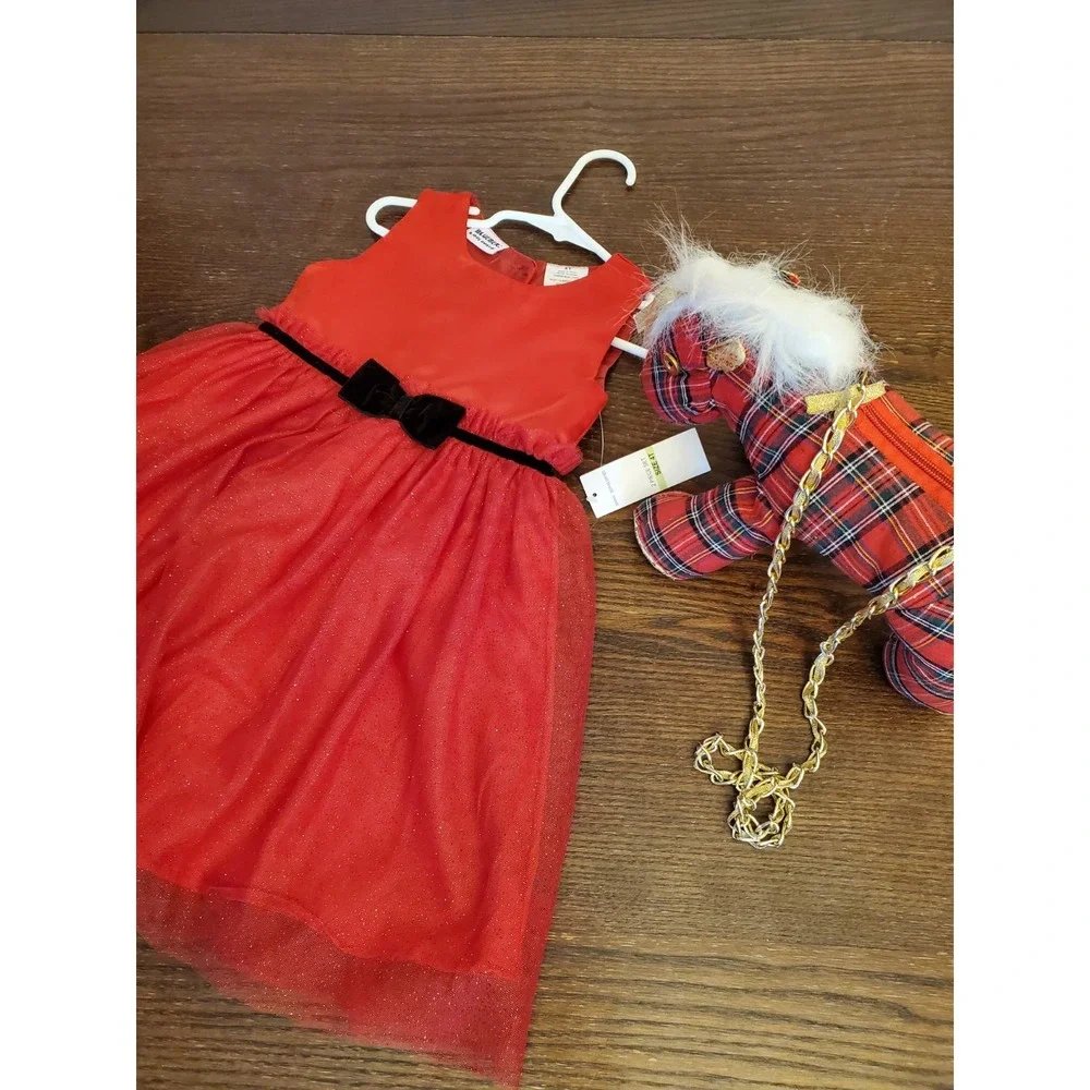 Blueberi Boulevard Girls 4T Red Dress Satin, Sheer & Glittery w/Plaid Pony Tote